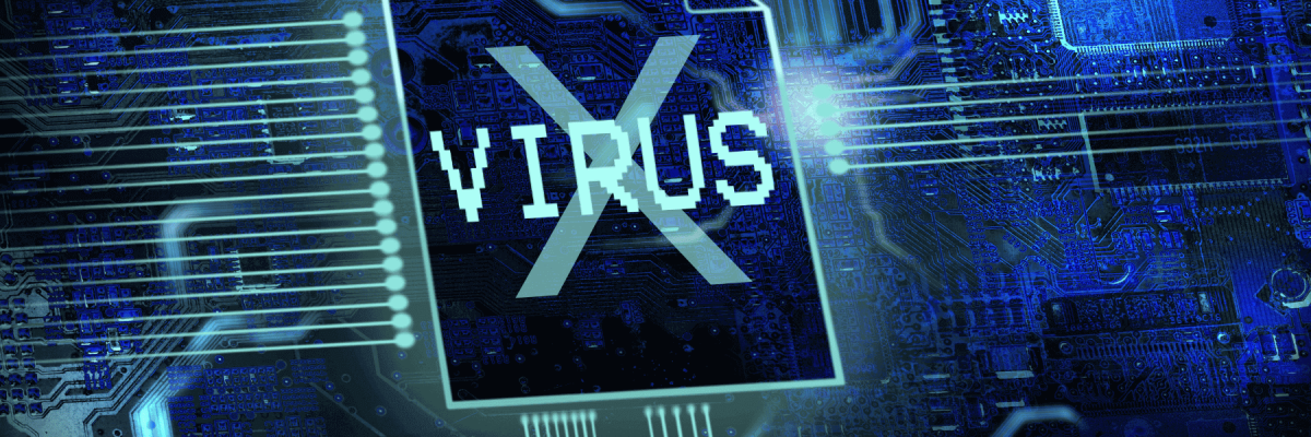 virus written on a screen with an x crossing it out