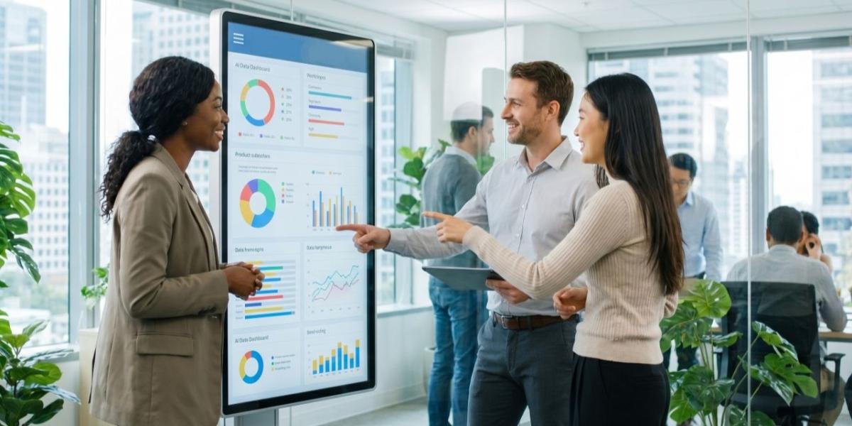 Office administrator reviewing workflow automation systems and operational dashboards