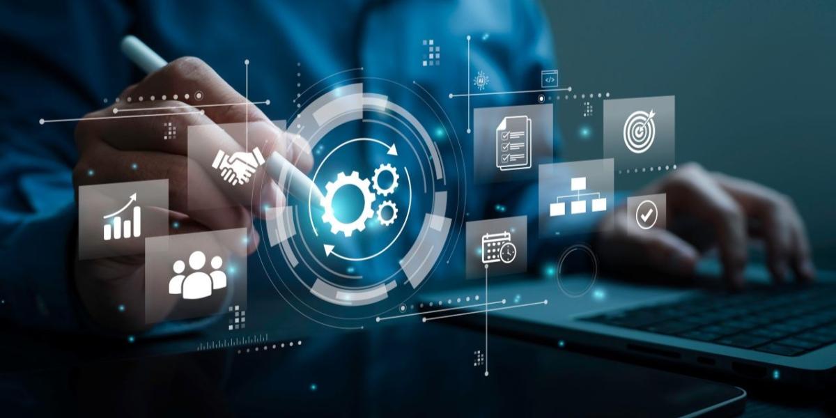 Business professionals reviewing digital workflow systems across departments